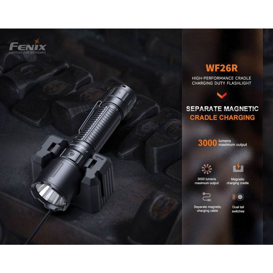Fenix WF26R 3000 lumens 450m throw rechargeable torch with charging dock Outdoor Tactical Australia