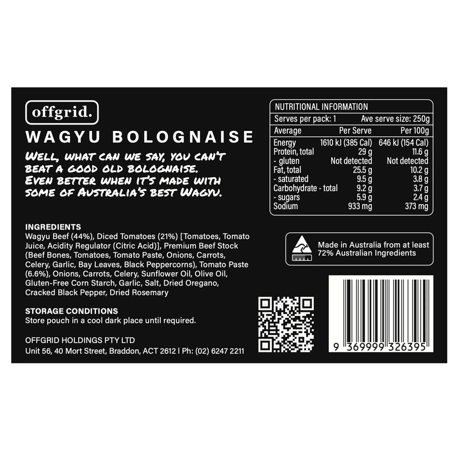 Offgrid Provisions Wagyu Bolognaise - Heat & Eat Meal Outdoor Tactical Australia