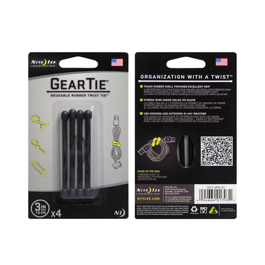 Nite Ize Gear Tie Original Reusable Rubber Twist Tie Black 3" 4 Pack Outdoor Tactical Australia