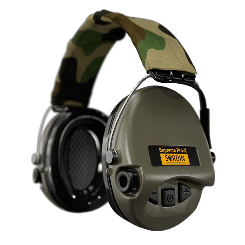 Sordin Supreme Pro-X Electronic Hearing Protection- Camo Textile Headband Green Cup Colour Headband: Camo Textile | Cup Colour: Green Outdoor Tactical Australia